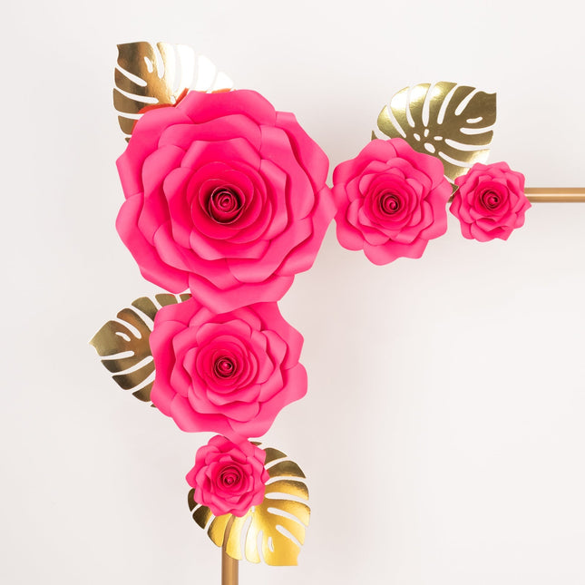 AliKopy Set of 9 Fuchsia 3D Rose Paper Flowers with Gold Leaves