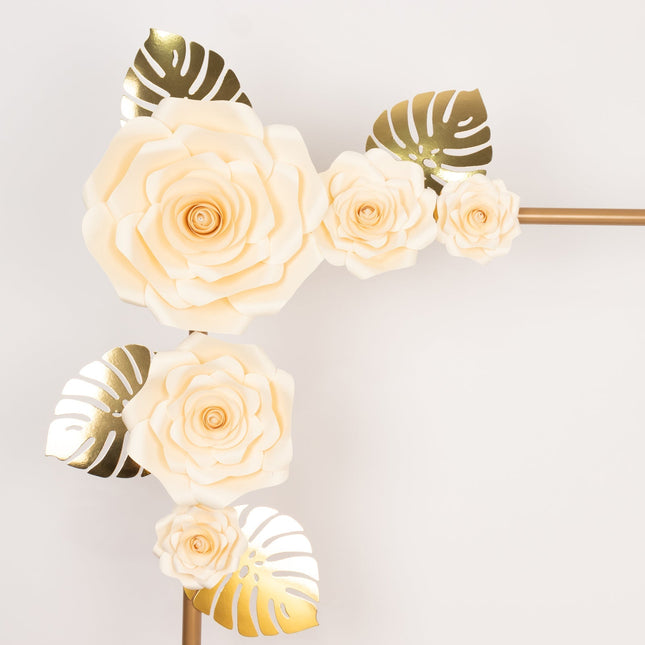 AliKopy Set of 9 Ivory 3D Rose Paper Flowers with Gold Leaves Decor