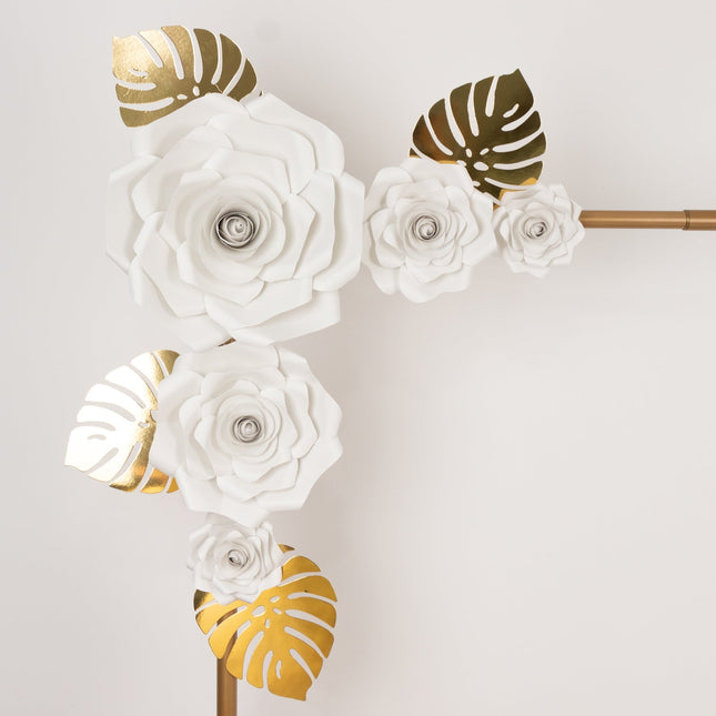 AliKopy 9-Piece White 3D Rose Paper Flowers Set with Gold Palm Leaves