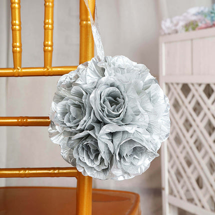 AliKopy 2 Pack 7" Silver Artificial Silk Rose Kissing Ball - Elegant D