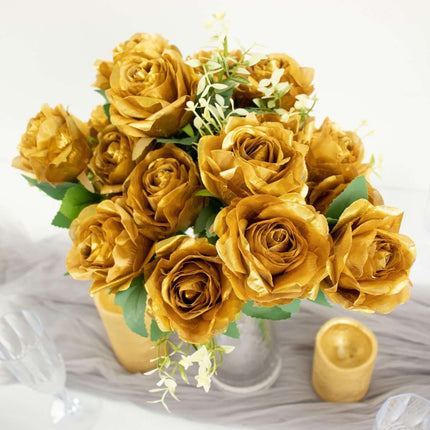 AliKopy 18" Real Touch Gold Artificial Rose Bouquet - Silk Long Stem,