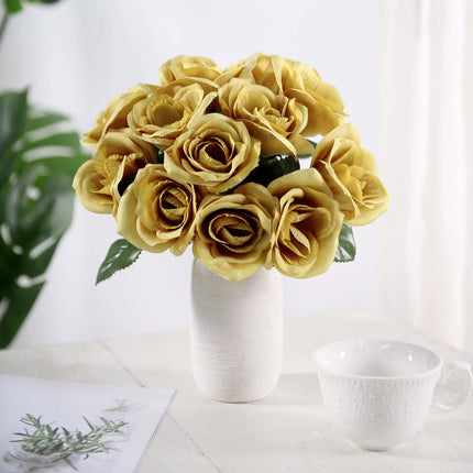 AliKopy 12" Gold Velvet-Like Artificial Rose Bouquet, Lifelike Design