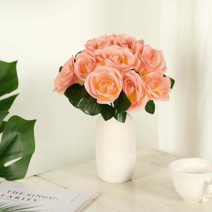 AliKopy 12" Peach Velvet-Like Artificial Rose Bouquet, Realistic & Dur