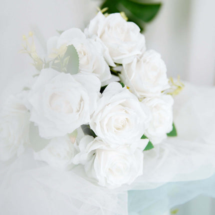 AliKopy 18" Real Touch White Silk Rose Bouquet - Long Stem, 2 Bushes