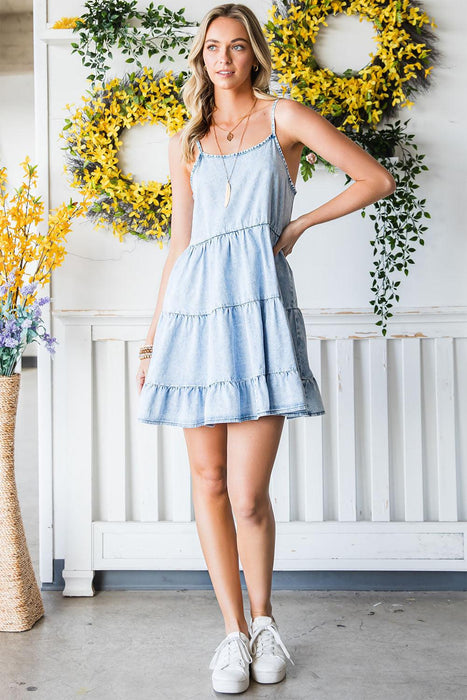 Chic Denim Tiered Mini Dress with Ruffle Square Neck