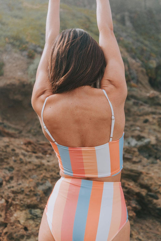 Striped Color Block High Waist Bikini Set with Removable Padding