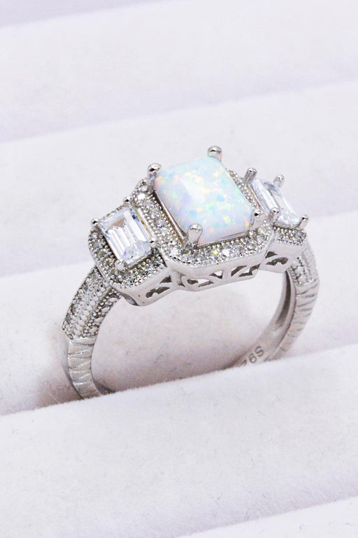 Square Opal Zircon Ring with Platinum Finish - Elegant Sterling Silver Piece