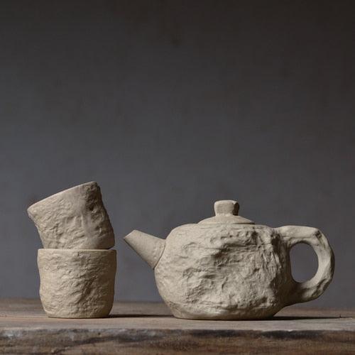 Slate-Inspired Pottery Tea Set with Handcrafted Teapot and Teacup