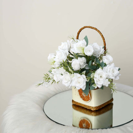 AliKopy 12" White Real Touch Silk Rose Bouquet - Faux Bridal Flowers,