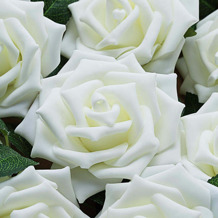 AliKopy 24 Ivory Foam Roses - 5" with Stem Wire & Realistic Leaves