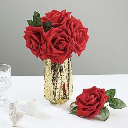 AliKopy 24 Red Foam Roses - 5" with Stem Wire & Lush Green Leaves