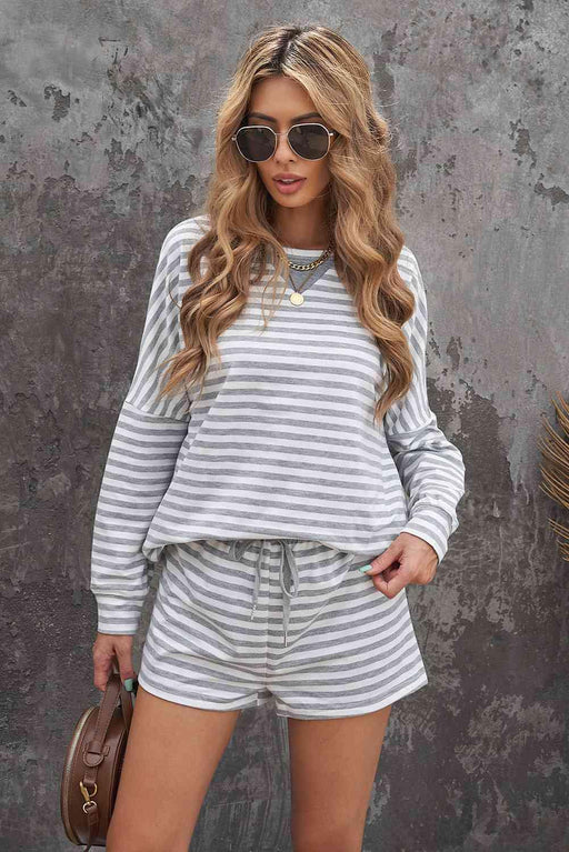 Cozy Striped Lounge Set with Dropped Shoulder Top and Soft Shorts