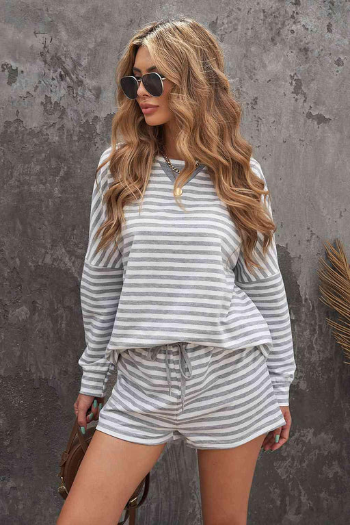 Striped Cozy Lounge Set with Dropped Shoulder Sleeves and Soft Shorts