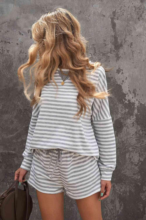Cozy Striped Lounge Set with Dropped Shoulder Top and Soft Shorts