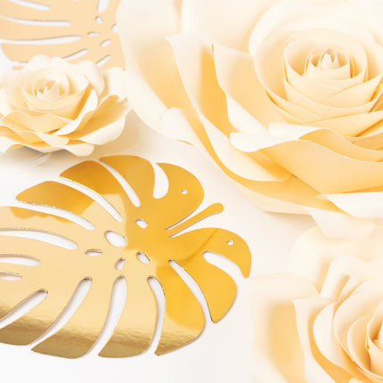 AliKopy Set of 9 Ivory 3D Rose Paper Flowers with Gold Leaves Decor