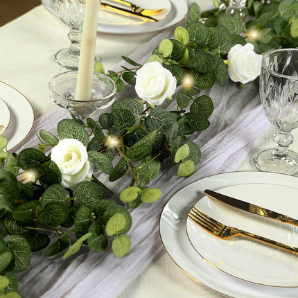 AliKopy 6ft Lighted Eucalyptus Garland with Ivory Roses & Fairy Lights