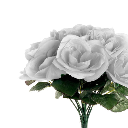 AliKopy 12" Silver Velvet-Like Fabric Rose Bouquet - Realistic & Durab