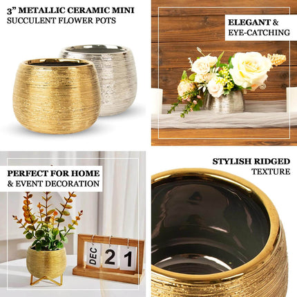 AliKopy 4-Pack Gold Textured Round Ceramic Flower Vase Pots - 3" Indoo