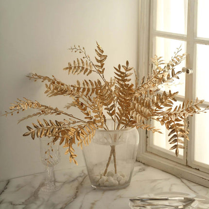 AliKopy 2-Pack Metallic Gold Artificial Fern Branches - 21" Decorative