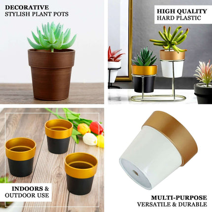AliKopy 3-Pack Small Black Flower Pots with Gold Rim - Durable Plastic