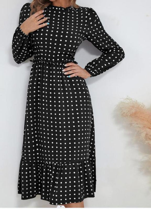 French-Inspired Polka Dot Long Sleeve Dress for Women