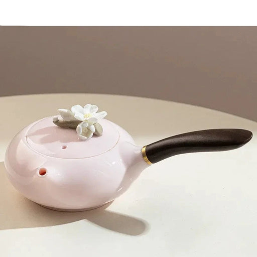 Sheep Fat Jade Kung Fu Tea Pot Set with Pink Ceramic Teapot - 150ml Capacity and Wooden Handle for Elevated Tea Time Experience