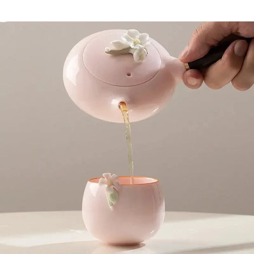 Sheep Fat Jade Kung Fu Tea Pot Set with Pink Ceramic Teapot - 150ml Capacity and Wooden Handle for Elevated Tea Time Experience