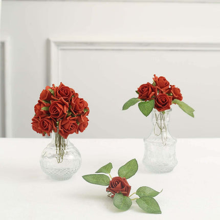 AliKopy 24 Rust Terracotta Foam Roses with Wire Stem and Leaves