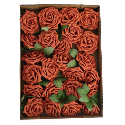 AliKopy 24 Roses 5" Terracotta Foam Flowers with Stem Wire & Leaves