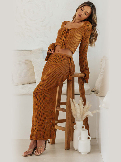 Bohemian Knit Maxi Skirt Set with Sleeveless Top - Trendy Boho Outfit Choice