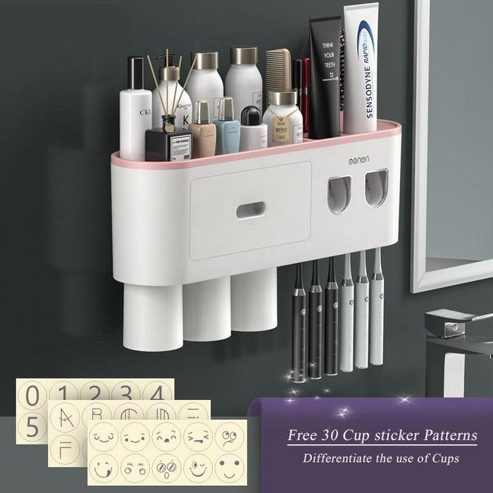 Efficient Magnetic Toothbrush and Toothpaste Holder with Automatic Dispenser for Modern Bathroom Organization