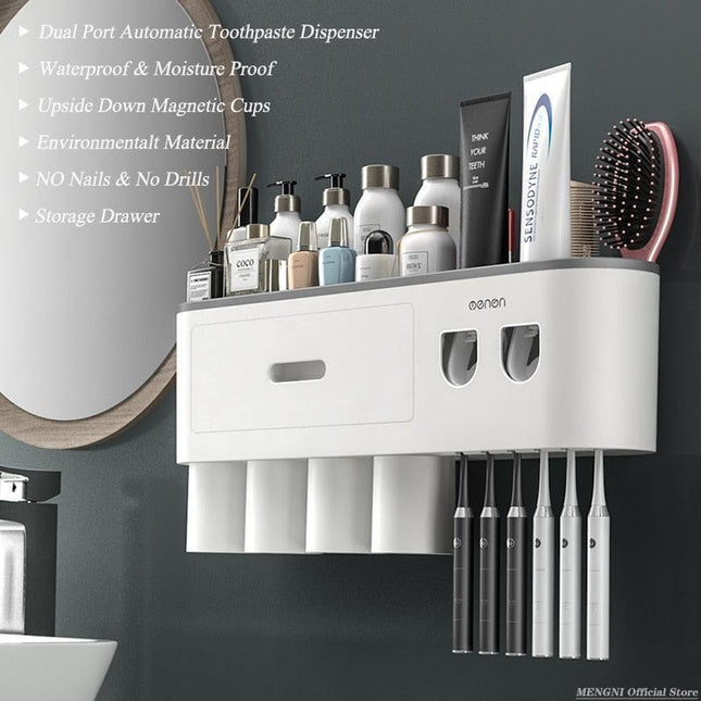 Sleek Magnetic Toothbrush and Toothpaste Organizer with Automatic Dispenser for a Stylish Bathroom Upgrade