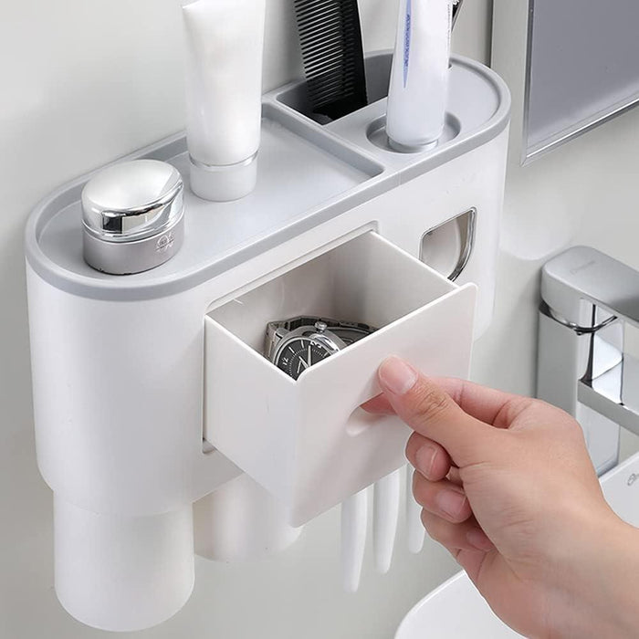 Efficient Magnetic Toothbrush and Toothpaste Holder with Automatic Dispenser for Modern Bathroom Organization