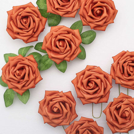 AliKopy 24 Roses 5" Terracotta Foam Flowers with Stem Wire & Leaves
