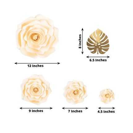 AliKopy Set of 9 Ivory 3D Rose Paper Flowers with Gold Leaves Decor