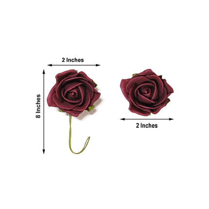 AliKopy 24 Burgundy Foam Roses with Wire Stem and Leaves - Realistic D