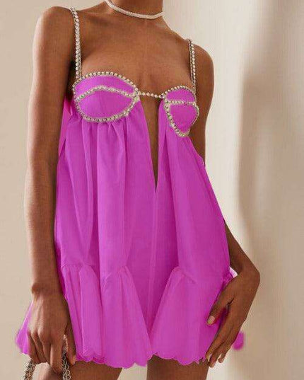 Chic Diamond-Embellished Suspender Swing Dress - Fashionably Elegant