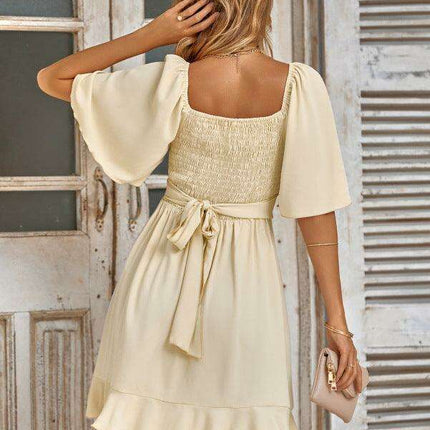 Elegant V-Neck Summer Dress with Ruffled Waist and Stylish Drop Sleeves