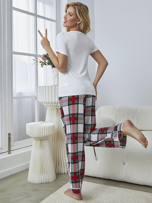 Cozy Plaid V-Neck Lounge Set with Matching Trousers