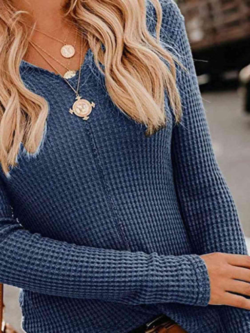 Cozy V-Neck Waffle-Knit Top with Long Sleeves
