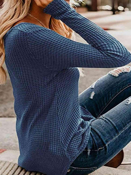 Cozy V-Neck Waffle-Knit Top with Long Sleeves