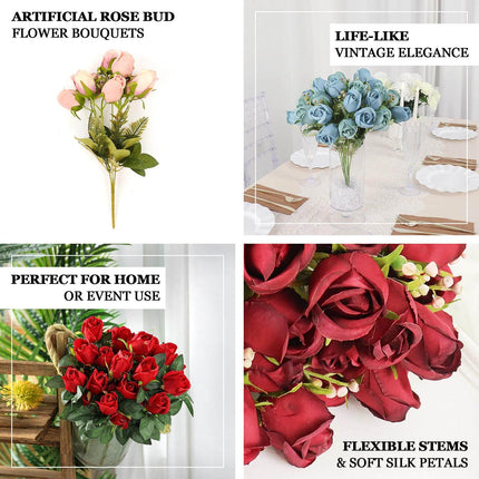 AliKopy 3 Pack 13" Burgundy Real Touch Silk Rose Bud Bouquets
