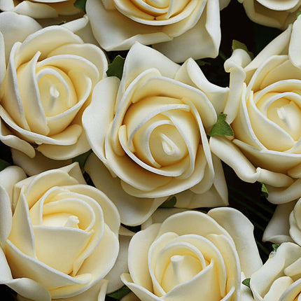 AliKopy 24 Cream Foam Roses with Stem Wire & Leaves - Realistic Decor