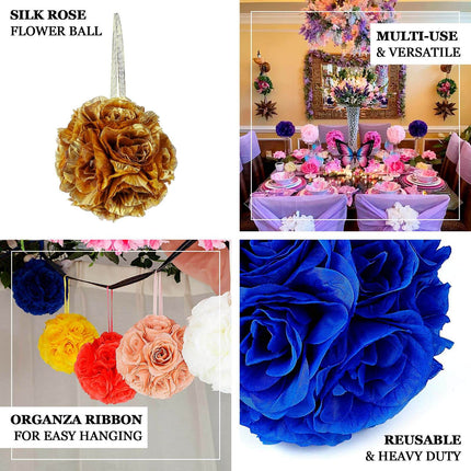 AliKopy 2 Pack 7" Gold Silk Rose Kissing Ball - Elegant Faux Flowers
