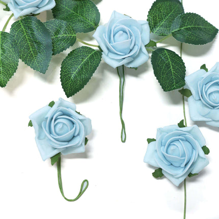 AliKopy 24 Dusty Blue Foam Roses with Stem Wire and Leaves - Realistic
