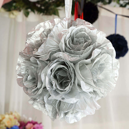 AliKopy 2 Pack 7" Silver Artificial Silk Rose Kissing Ball - Elegant D