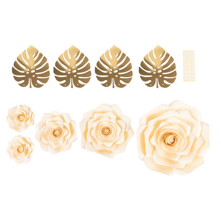 AliKopy Set of 9 Ivory 3D Rose Paper Flowers with Gold Leaves Decor
