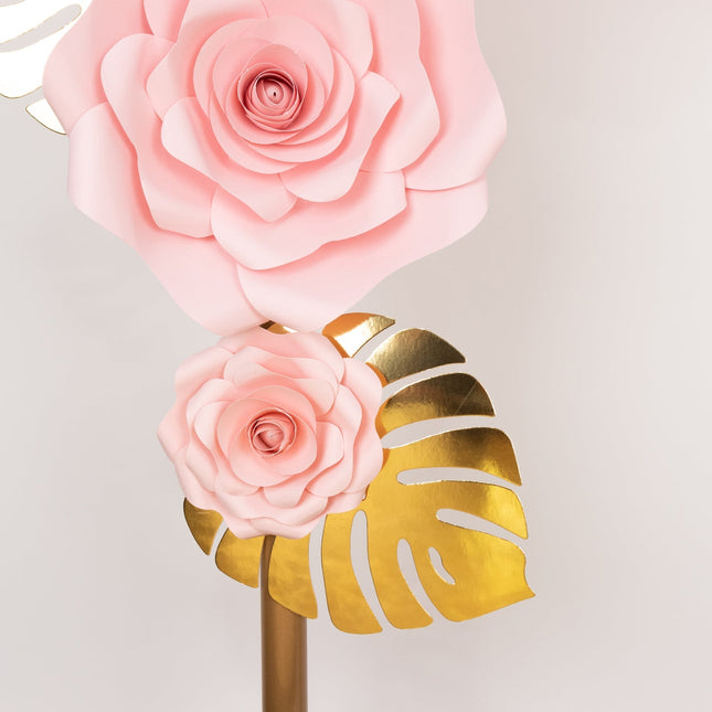 AliKopy Set of 9 Pink 3D Rose Paper Flowers with Gold Palm Leaves Deco
