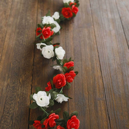 AliKopy 2 Pack 8ft Red Ivory Silk Flower Garland, 45 Mini Rose Heads