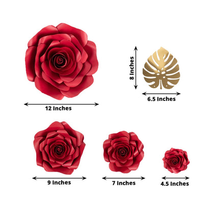 AliKopy Set of 9 Red 3D Rose Paper Flowers with Gold Leaves, Wall Deco